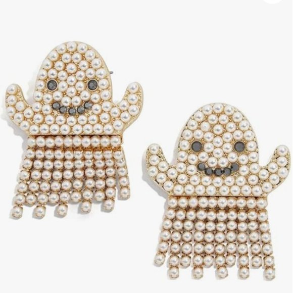 Pave Pearl Smiling Ghost Post Earrings Pearls Gold Happy Halloween Smile New - Picture 1 of 5